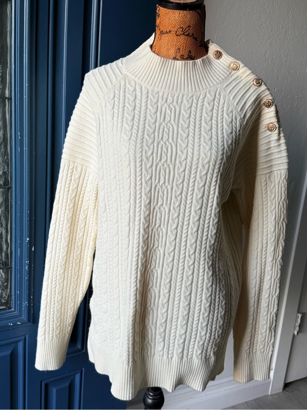 Cyrus Cream Cable Knit Crewneck Sweater with Shoulder Buttons
